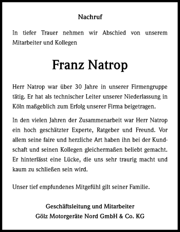 Anzeige von Franz Natrop von Kölner Stadt-Anzeiger / Kölnische Rundschau / Express