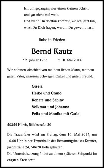 Anzeige von Bernd Kautz von Kölner Stadt-Anzeiger / Kölnische Rundschau / Express