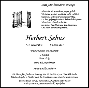 Anzeige von Herbert Sebus von Kölner Stadt-Anzeiger / Kölnische Rundschau / Express