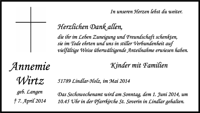  Traueranzeige für Annemarie Wirtz vom 24.05.2014 aus Kölner Stadt-Anzeiger / Kölnische Rundschau / Express