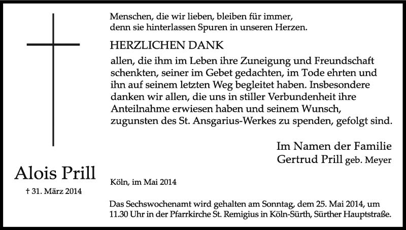  Traueranzeige für Alois Prill vom 17.05.2014 aus Kölner Stadt-Anzeiger / Kölnische Rundschau / Express