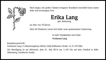 Anzeige von Erika Lang von Kölner Stadt-Anzeiger / Kölnische Rundschau / Express
