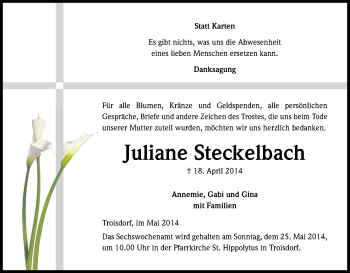 Anzeige von Juliane Steckelbach von Kölner Stadt-Anzeiger / Kölnische Rundschau / Express