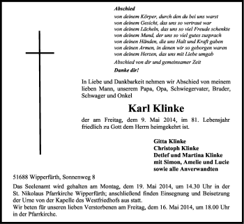 Anzeige von Karl Klinke von Kölner Stadt-Anzeiger / Kölnische Rundschau / Express