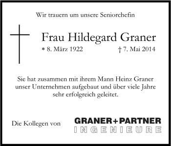 Anzeige von Hildegard Graner von Kölner Stadt-Anzeiger / Kölnische Rundschau / Express