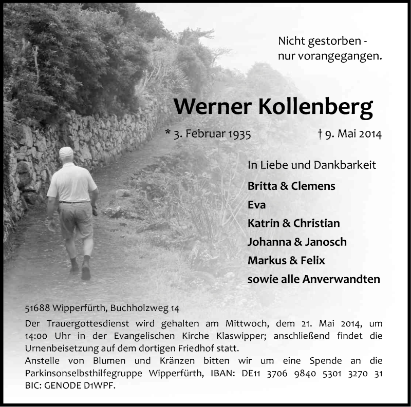  Traueranzeige für Werner Kollenberg vom 14.05.2014 aus Kölner Stadt-Anzeiger / Kölnische Rundschau / Express