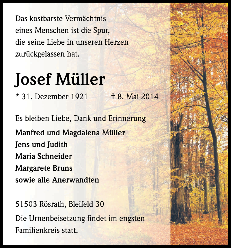  Traueranzeige für Josef Müller vom 14.05.2014 aus Kölner Stadt-Anzeiger / Kölnische Rundschau / Express