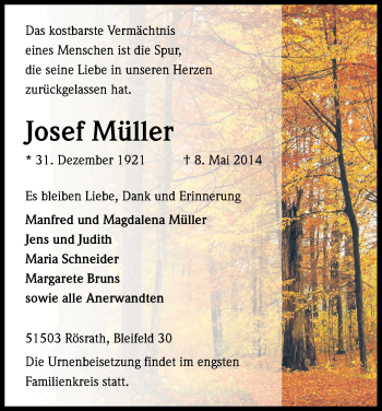 Anzeige von Josef Müller von Kölner Stadt-Anzeiger / Kölnische Rundschau / Express