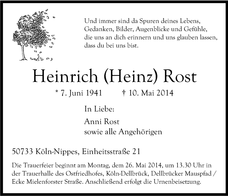  Traueranzeige für Heinrich Rost vom 21.05.2014 aus Kölner Stadt-Anzeiger / Kölnische Rundschau / Express