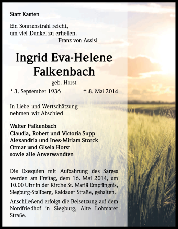 Anzeige von Ingrid Eva- Helene Falkenbach von Kölner Stadt-Anzeiger / Kölnische Rundschau / Express