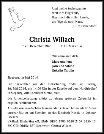 Anzeige von Christa Willach von Kölner Stadt-Anzeiger / Kölnische Rundschau / Express