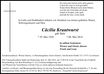 Anzeige von Cäcilia Krautwurst von Kölner Stadt-Anzeiger / Kölnische Rundschau / Express