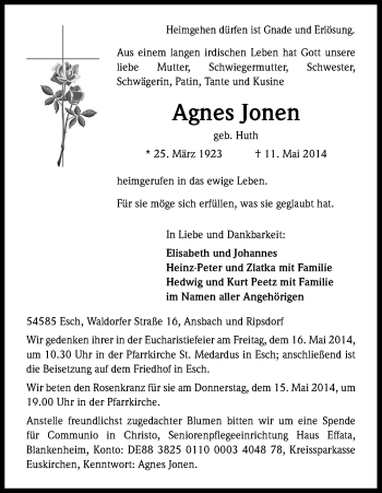 Anzeige von Agnes Jonen von Kölner Stadt-Anzeiger / Kölnische Rundschau / Express