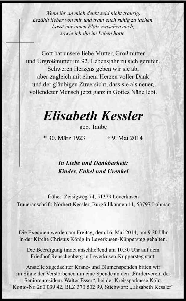  Traueranzeige für Elisabeth Kessler vom 14.05.2014 aus Kölner Stadt-Anzeiger / Kölnische Rundschau / Express