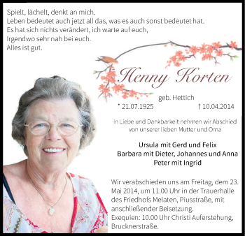 Anzeige von Henny Korten von Kölner Stadt-Anzeiger / Kölnische Rundschau / Express