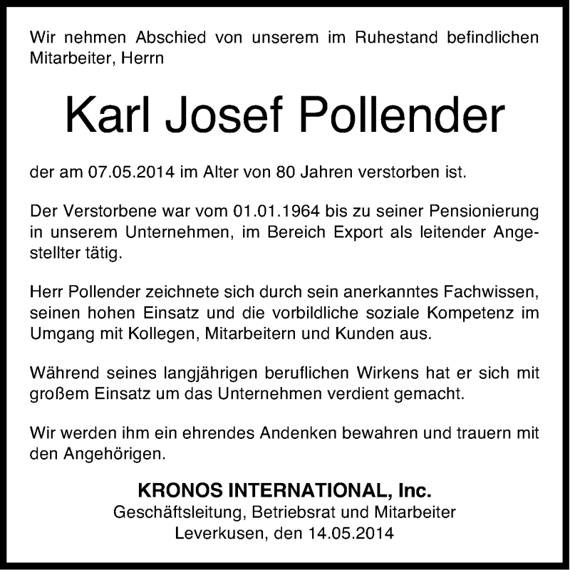  Traueranzeige für Karl Josef Pollender vom 14.05.2014 aus Kölner Stadt-Anzeiger / Kölnische Rundschau / Express