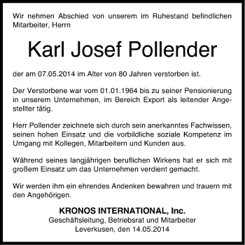 Anzeige von Karl Josef Pollender von Kölner Stadt-Anzeiger / Kölnische Rundschau / Express