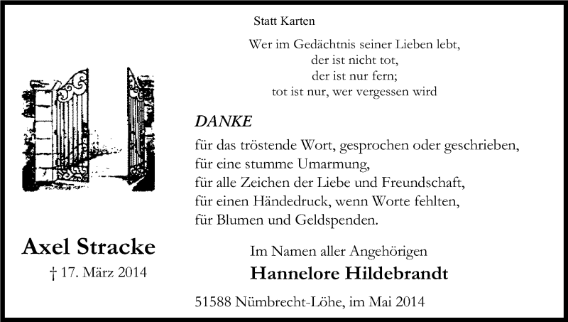  Traueranzeige für Axel Stracke vom 17.05.2014 aus Kölner Stadt-Anzeiger / Kölnische Rundschau / Express