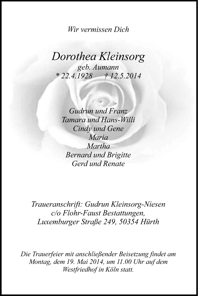  Traueranzeige für Dorothea Kleinsorg vom 14.05.2014 aus Kölner Stadt-Anzeiger / Kölnische Rundschau / Express