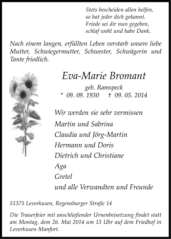 Anzeige von Eva-Marie Bromant von Kölner Stadt-Anzeiger / Kölnische Rundschau / Express
