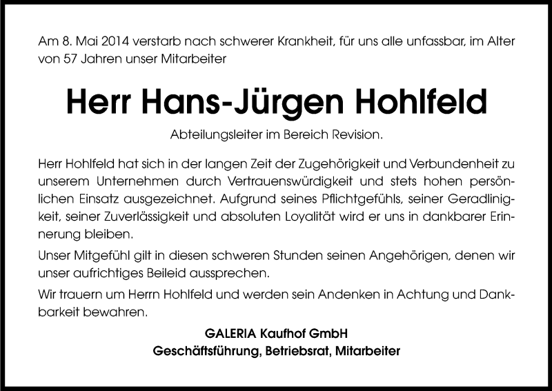  Traueranzeige für Hans-Jürgen Hohlfeld vom 16.05.2014 aus Kölner Stadt-Anzeiger / Kölnische Rundschau / Express