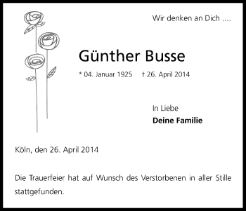 Anzeige von Günther Busse von Kölner Stadt-Anzeiger / Kölnische Rundschau / Express