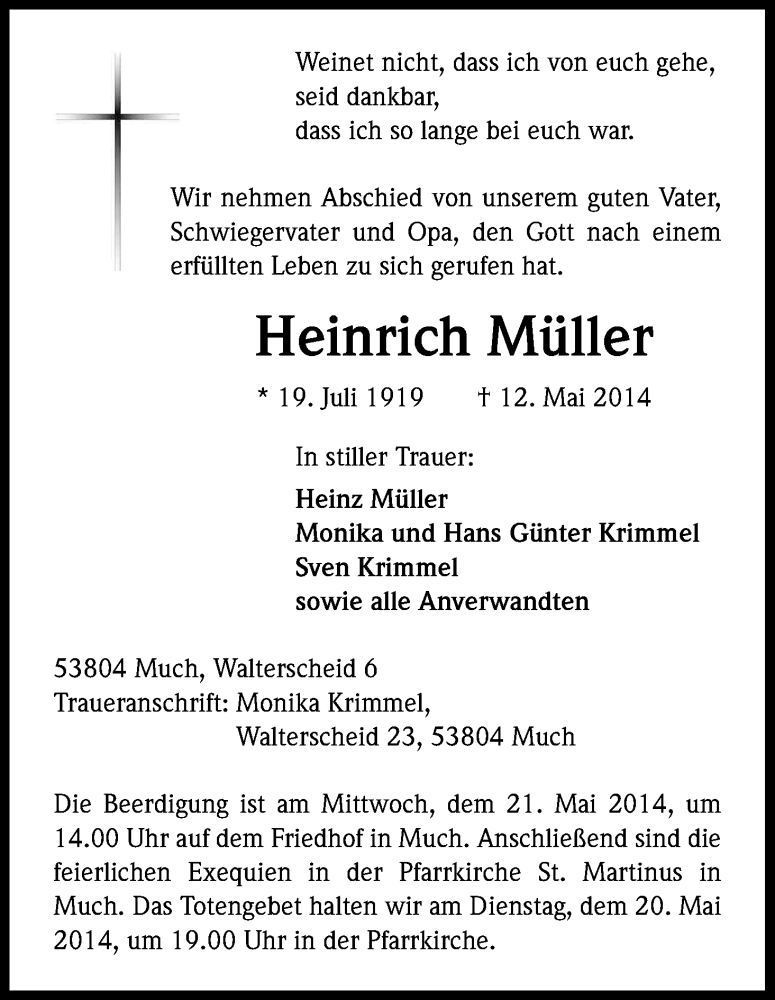  Traueranzeige für Heinrich Müller vom 17.05.2014 aus Kölner Stadt-Anzeiger / Kölnische Rundschau / Express