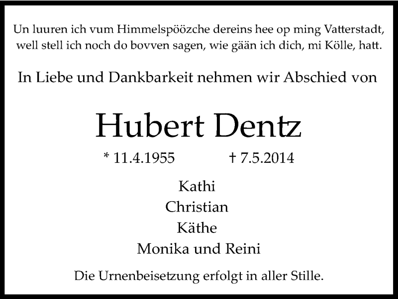  Traueranzeige für Hubert Dentz vom 17.05.2014 aus Kölner Stadt-Anzeiger / Kölnische Rundschau / Express