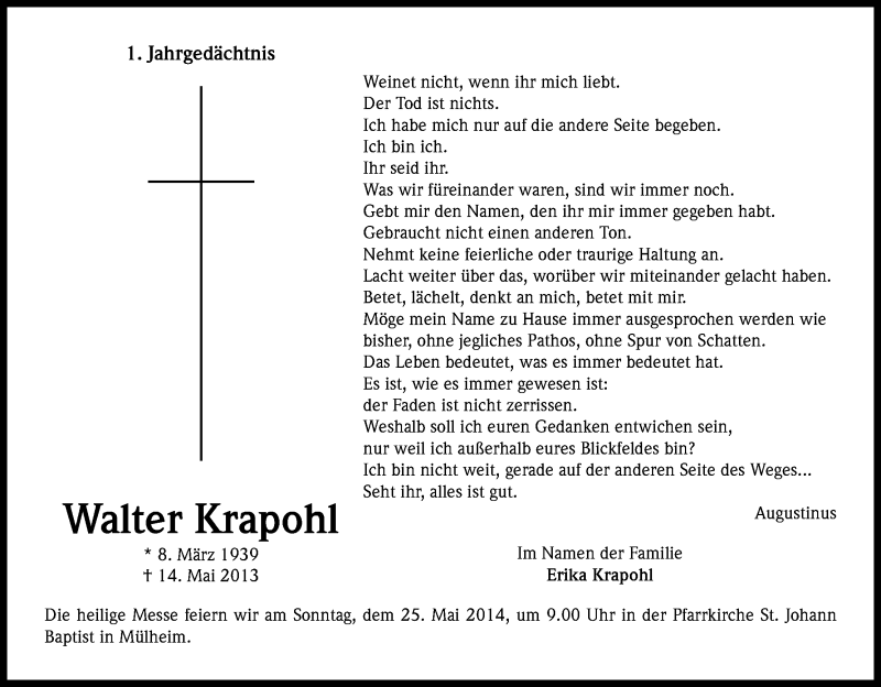  Traueranzeige für Walter Krapohl vom 16.05.2014 aus Kölner Stadt-Anzeiger / Kölnische Rundschau / Express