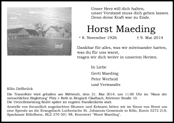Anzeige von Horst Maeding von Kölner Stadt-Anzeiger / Kölnische Rundschau / Express