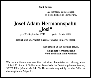 Anzeige von Josef Adam Hermannspahn von Kölner Stadt-Anzeiger / Kölnische Rundschau / Express