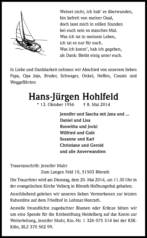  Traueranzeige für Hans-Jürgen Hohlfeld vom 16.05.2014 aus Kölner Stadt-Anzeiger / Kölnische Rundschau / Express