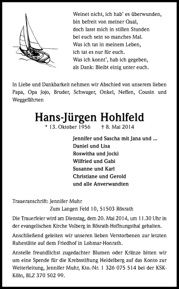 Anzeige von Hans-Jürgen Hohlfeld von Kölner Stadt-Anzeiger / Kölnische Rundschau / Express