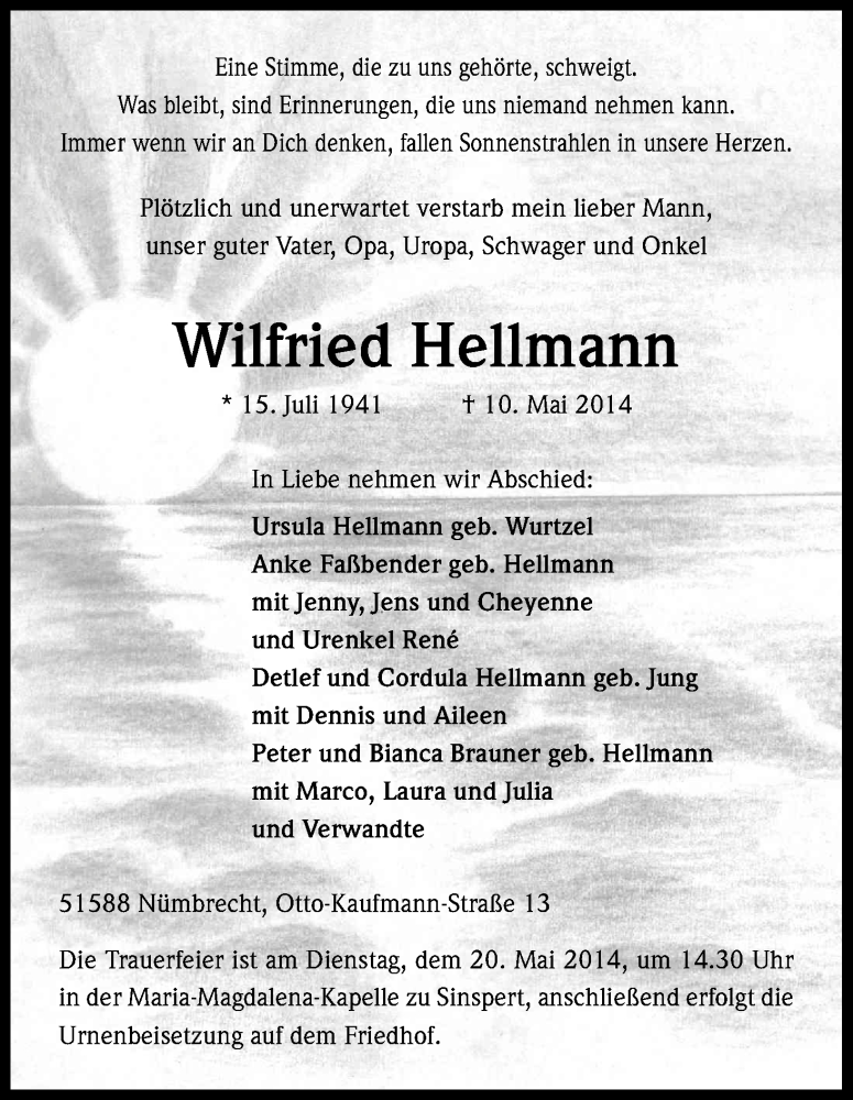  Traueranzeige für Wilfried Hellmann vom 15.05.2014 aus Kölner Stadt-Anzeiger / Kölnische Rundschau / Express