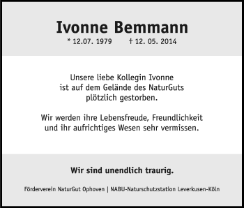 Anzeige von Ivonne Bemmann von Kölner Stadt-Anzeiger / Kölnische Rundschau / Express