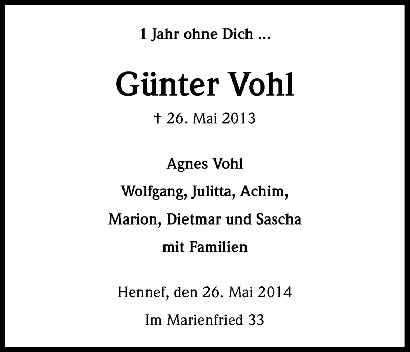  Traueranzeige für Günter Vohl vom 26.05.2014 aus Kölner Stadt-Anzeiger / Kölnische Rundschau / Express