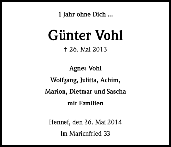 Anzeige von Günter Vohl von Kölner Stadt-Anzeiger / Kölnische Rundschau / Express