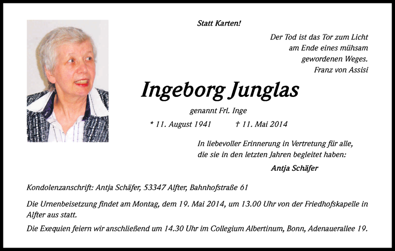  Traueranzeige für Ingeborg Junglas vom 17.05.2014 aus Kölner Stadt-Anzeiger / Kölnische Rundschau / Express