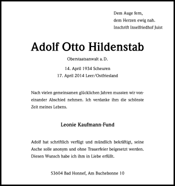 Anzeige von Adolf Otto Hildenstab von Kölner Stadt-Anzeiger / Kölnische Rundschau / Express
