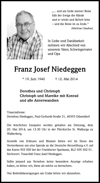 Anzeige von Franz Josef Niedeggen von Kölner Stadt-Anzeiger / Kölnische Rundschau / Express