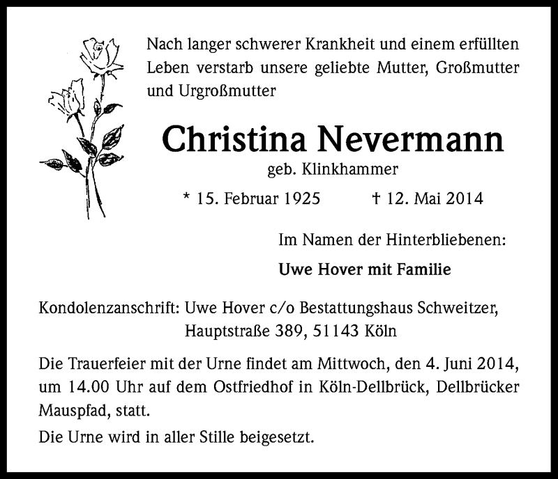  Traueranzeige für Christina Nevermann vom 28.05.2014 aus Kölner Stadt-Anzeiger / Kölnische Rundschau / Express