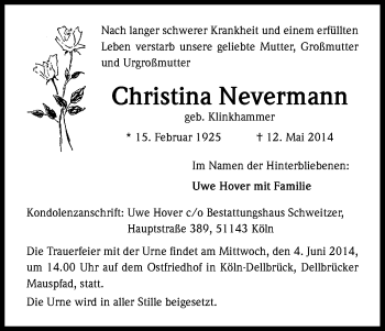 Anzeige von Christina Nevermann von Kölner Stadt-Anzeiger / Kölnische Rundschau / Express