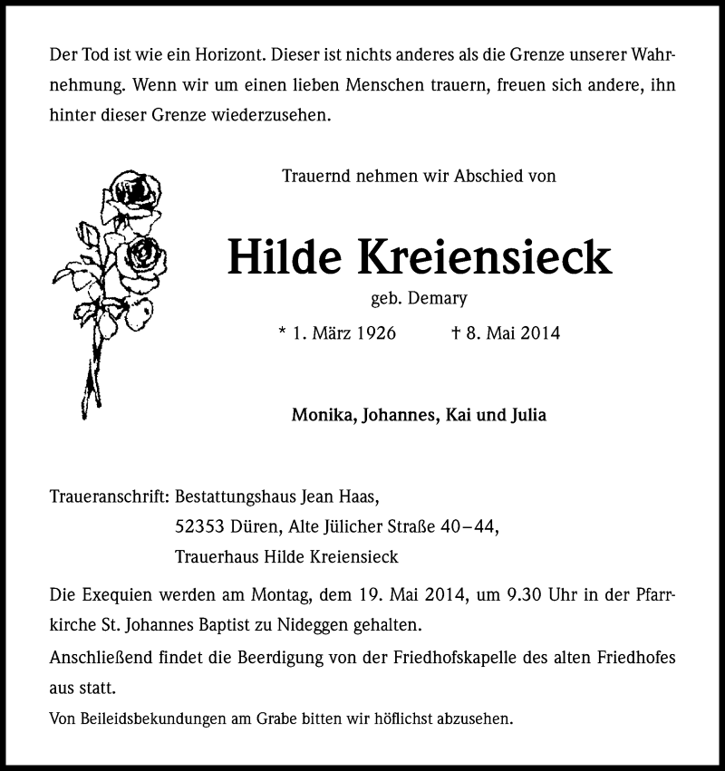  Traueranzeige für Hilde Kreiensieck vom 17.05.2014 aus Kölner Stadt-Anzeiger / Kölnische Rundschau / Express