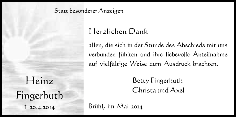  Traueranzeige für Heinz Fingerhuth vom 16.05.2014 aus Kölner Stadt-Anzeiger / Kölnische Rundschau / Express