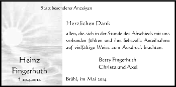 Anzeige von Heinz Fingerhuth von Kölner Stadt-Anzeiger / Kölnische Rundschau / Express