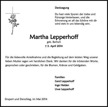 Anzeige von Martha Lepperhoff von Kölner Stadt-Anzeiger / Kölnische Rundschau / Express