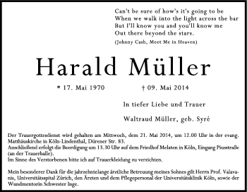 Anzeige von Harald Müller von Kölner Stadt-Anzeiger / Kölnische Rundschau / Express