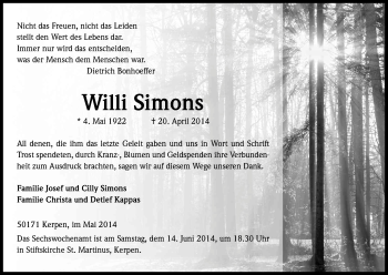Anzeige von Willi Simons von Kölner Stadt-Anzeiger / Kölnische Rundschau / Express