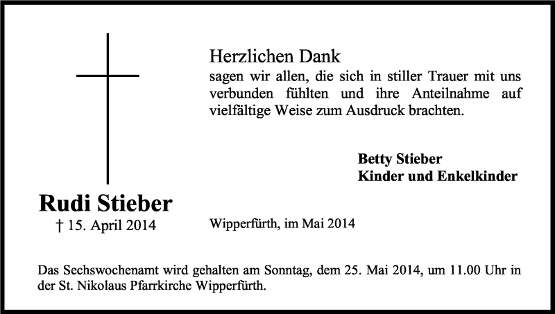  Traueranzeige für Rudi Stieber vom 17.05.2014 aus Kölner Stadt-Anzeiger / Kölnische Rundschau / Express