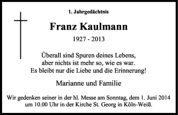 Anzeige von Franz Kaulmann von Kölner Stadt-Anzeiger / Kölnische Rundschau / Express